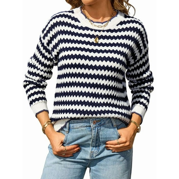 Women'S Striped Knit Spring Fall Casual Long Sleeve Crewneck Color Block Ribbed Loose Pullover Top Navy Blue S