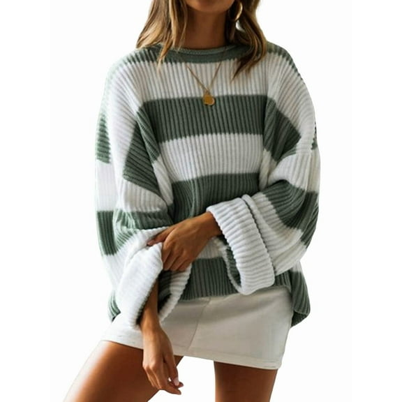 Women'S Striped Knitted Pullover Crew Neck Fall Winter Sweater Long Sleeve Color Block Jumper Green L