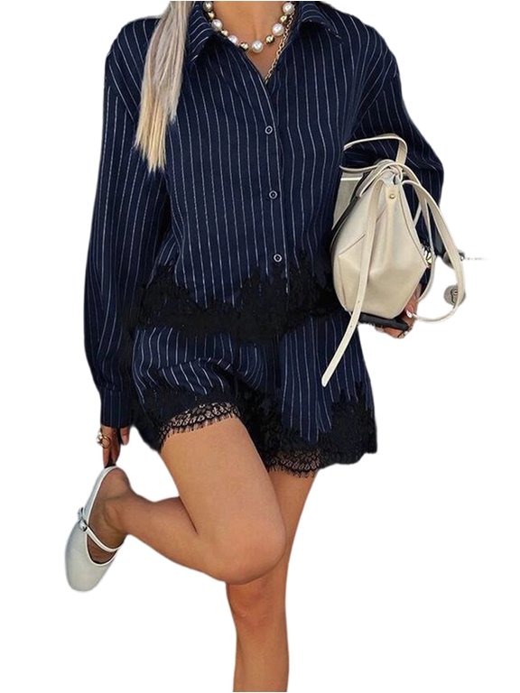 Women'S Striped Lace Trim Button Down Shirt & Drawstring Shorts Two-Piece Outfit Sets Navy Blue L