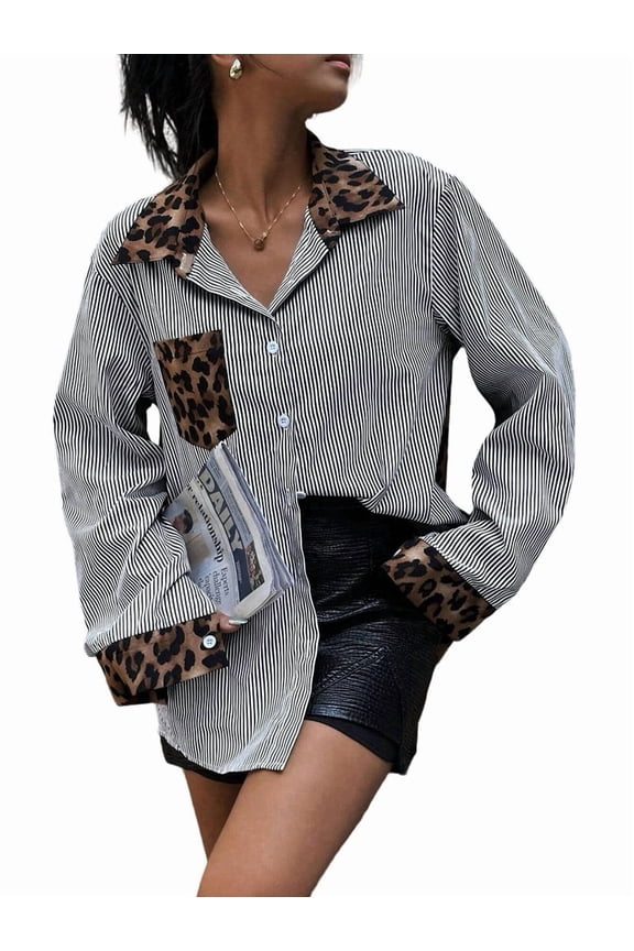 Women'S Striped Leopard Print Long Sleeve Blouses Cheetah Button Down Collared Shirts Black & White S
