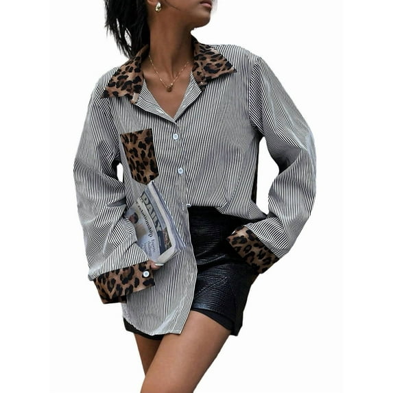 Women'S Striped Leopard Print Long Sleeve Blouses Cheetah Button Down Collared Shirts Black & White XL