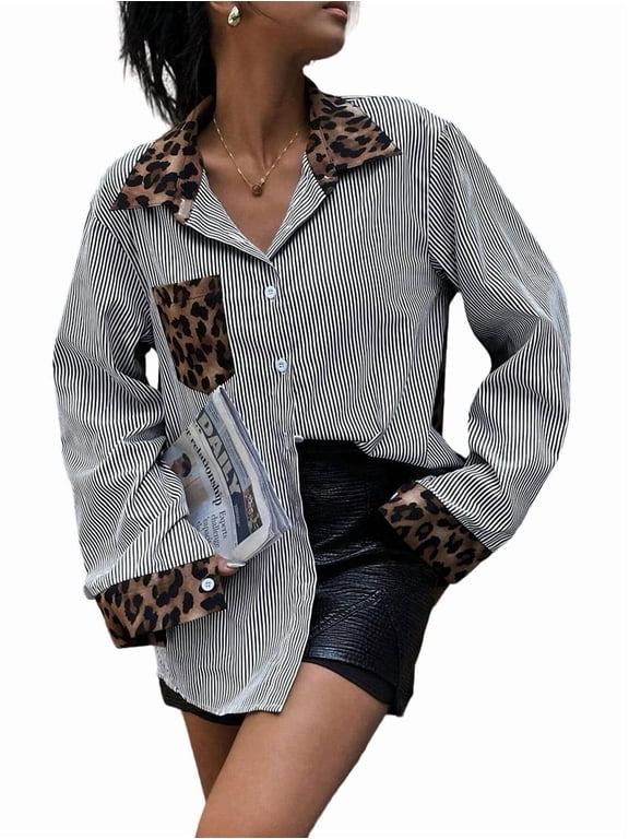Women'S Striped Leopard Print Long Sleeve Blouses Cheetah Button Down Collared Shirts Black & White XL