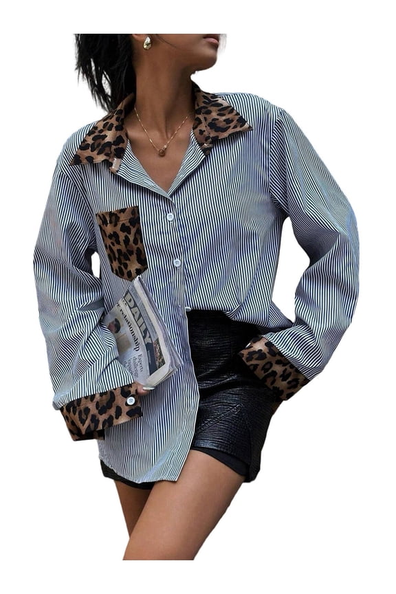 Women'S Striped Leopard Print Long Sleeve Blouses Cheetah Button Down Collared Shirts Blue S