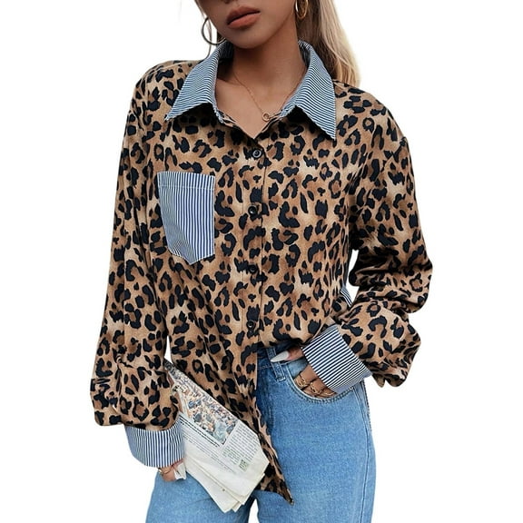 Women'S Striped Leopard Print Long Sleeve Blouses Cheetah Button Down Collared Shirts Leopard Print M