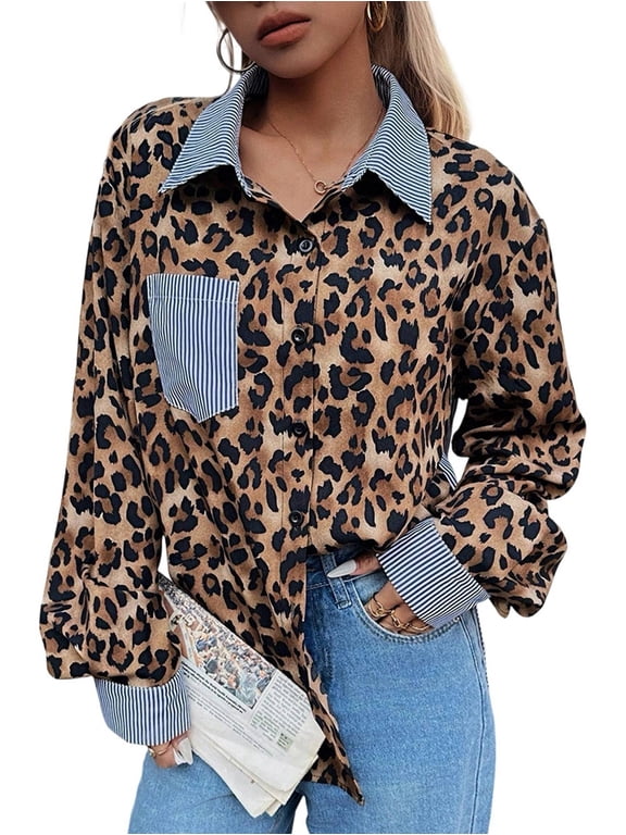 Women'S Striped Leopard Print Long Sleeve Blouses Cheetah Button Down Collared Shirts Leopard Print M