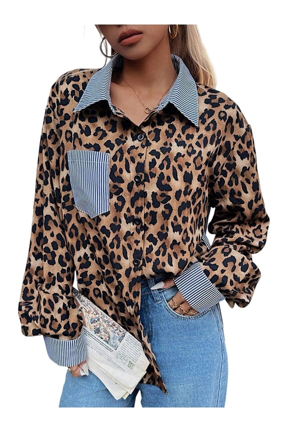 Women'S Striped Leopard Print Long Sleeve Blouses Cheetah Button Down Collared Shirts Leopard Print M