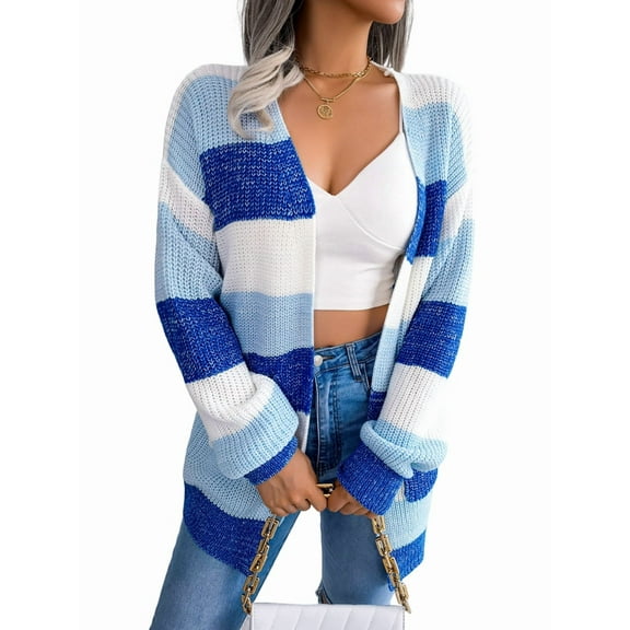 Women'S Striped Long Sleeve Open Front Knit Cardigan Casual Pullover Sweater Blue L