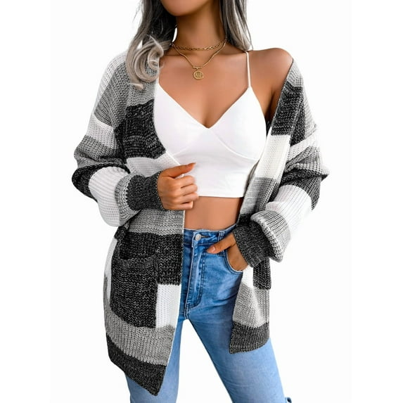Women'S Striped Long Sleeve Open Front Knit Cardigan Casual Pullover Sweater