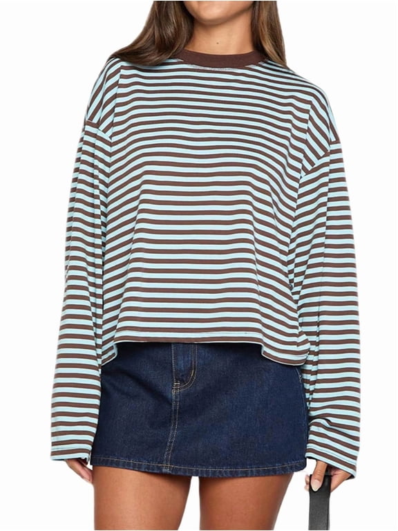 Women'S Striped Long Sleeve Shirts Drop Shoulder Sweatshirt Crewneck Color Block Pullover Tops Chocolate Color L