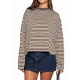 thumbnail image 1 of Women'S Striped Long Sleeve Shirts Drop Shoulder Sweatshirt Crewneck Color Block Pullover Tops Dark Brown S, 1 of 5