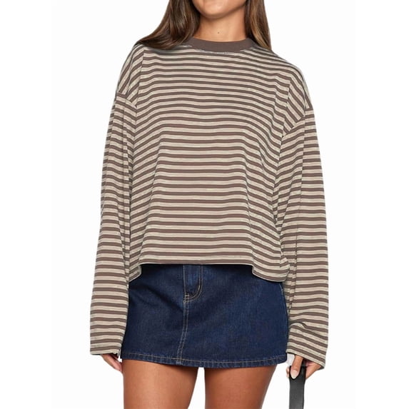 Women'S Striped Long Sleeve Shirts Drop Shoulder Sweatshirt Crewneck Color Block Pullover Tops Dark Brown S