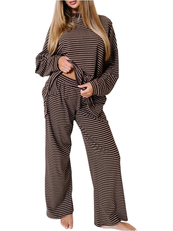 Women'S Striped Long Sleeve Wide Leg 2 Piece Lounge Set Brown L