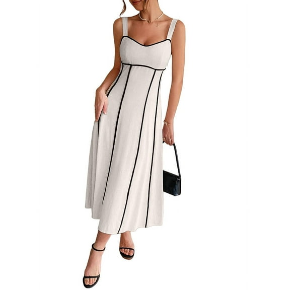 Women'S Striped Maxi Dress Spaghetti Strap Cut Out Flowy Long Dress Apricot L