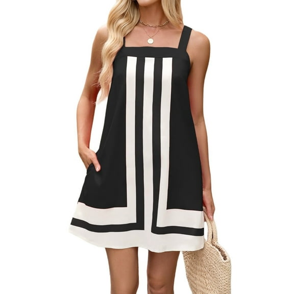 Women'S Striped Mini Dress Boho Shoulder Strap Sundress Summer Cover Up Dress for Beach Black M