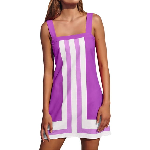 Women'S Striped Mini Dress Boho Shoulder Strap Sundress Summer Cover Up Dress for Beach Purple M