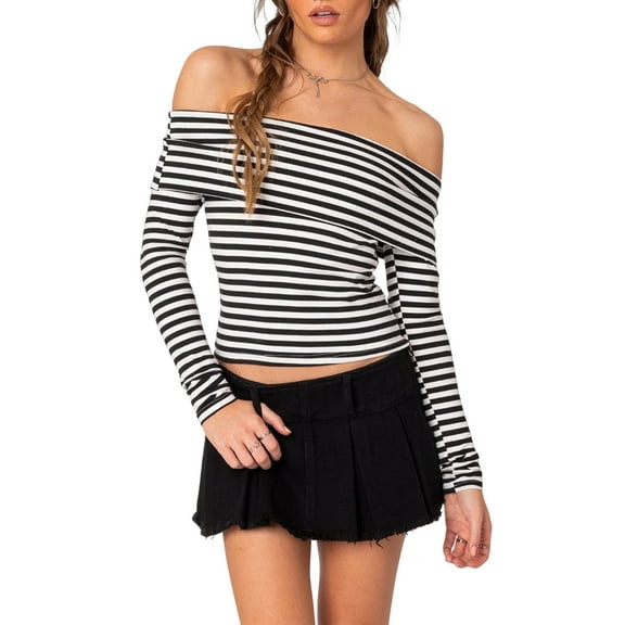 Women'S Striped Off-Shoulder Long Sleeve T-Shirt Color Blocking Slim Fit Basic Top Black & White S