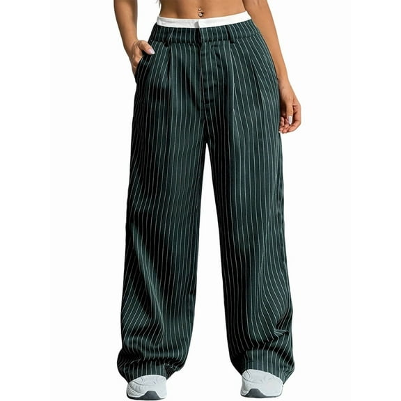 Women'S Striped Pants Color Block High Waisted Wide Leg Casual Work Office Long Trousers Dark Green M