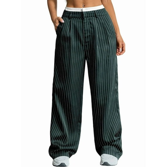 Women'S Striped Pants Color Block High Waisted Wide Leg Casual Work Office Long Trousers Dark Green XXL