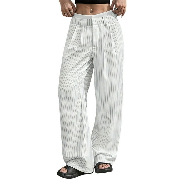 Women'S Striped Pants Color Block High Waisted Wide Leg Casual Work Office Long Trousers White S