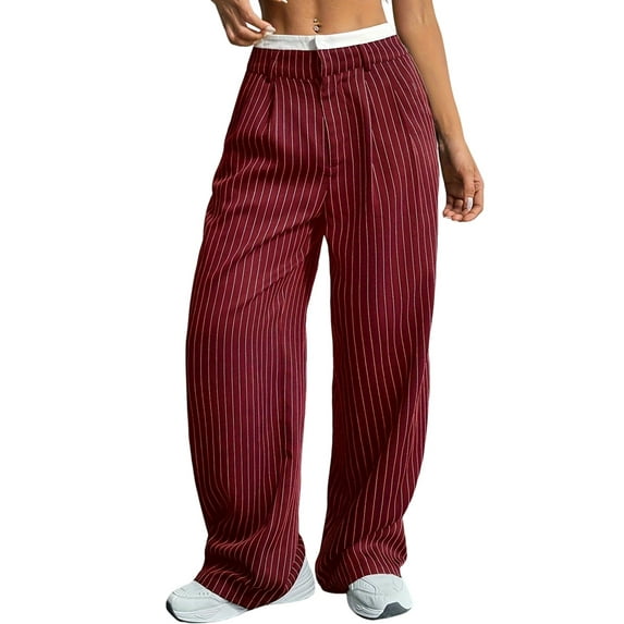 Women'S Striped Pants Color Block High Waisted Wide Leg Casual Work Office Long Trousers Wine Red XL