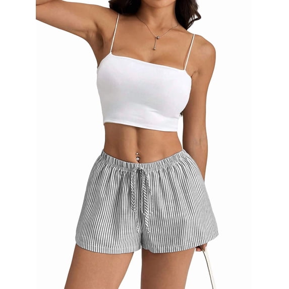 Women'S Striped Print Drawstring Elastic Waist Shorts Casual Wide Leg Low Rise Summer Boxer Shorts Black L