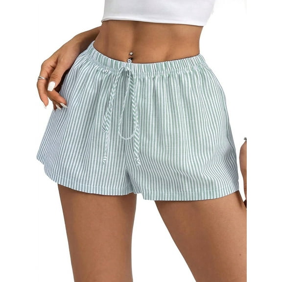 Women'S Striped Print Drawstring Elastic Waist Shorts Casual Wide Leg Low Rise Summer Boxer Shorts Green M