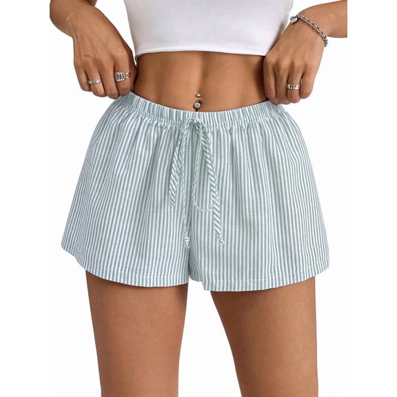 Women'S Striped Print Drawstring Elastic Waist Shorts Casual Wide Leg Low Rise Summer Boxer Shorts Green S