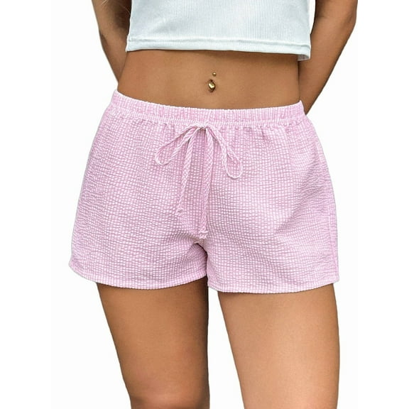 Women'S Striped Print Drawstring Elastic Waist Shorts Casual Wide Leg Low Rise Summer Boxer Shorts Light Pink XL
