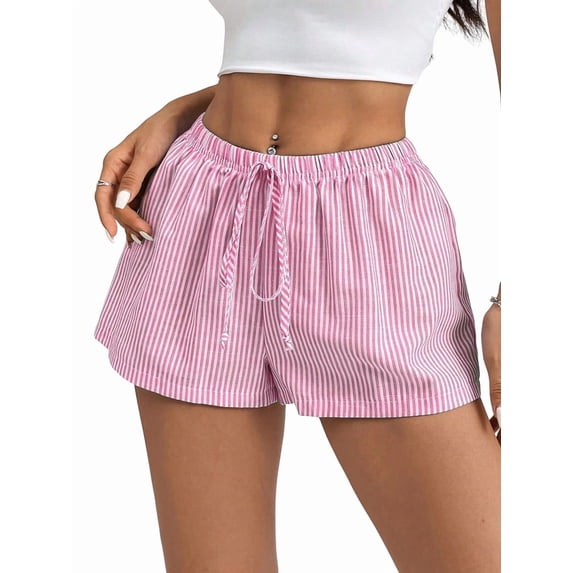 Women'S Striped Print Drawstring Elastic Waist Shorts Casual Wide Leg Low Rise Summer Boxer Shorts Pink L