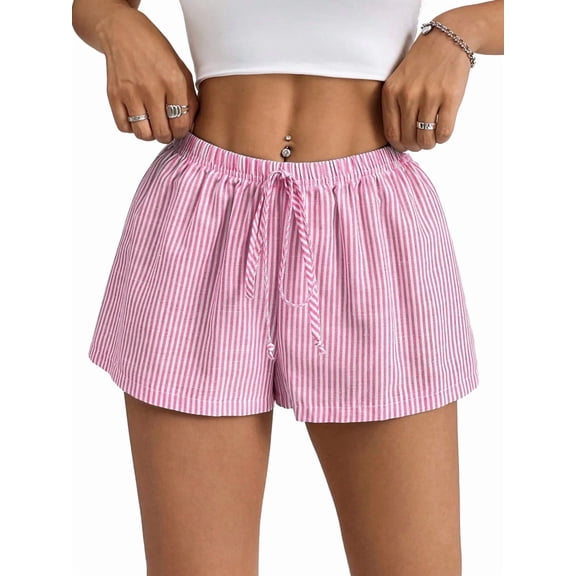 Women'S Striped Print Drawstring Elastic Waist Shorts Casual Wide Leg Low Rise Summer Boxer Shorts Rose Red L