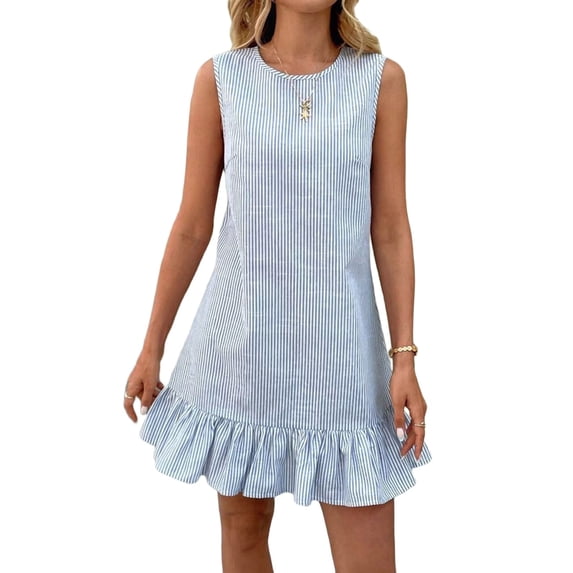 Women'S Striped Print Sleeveless Ruffle Tunic Dress Summer Swing Flowy Mini Dresses S