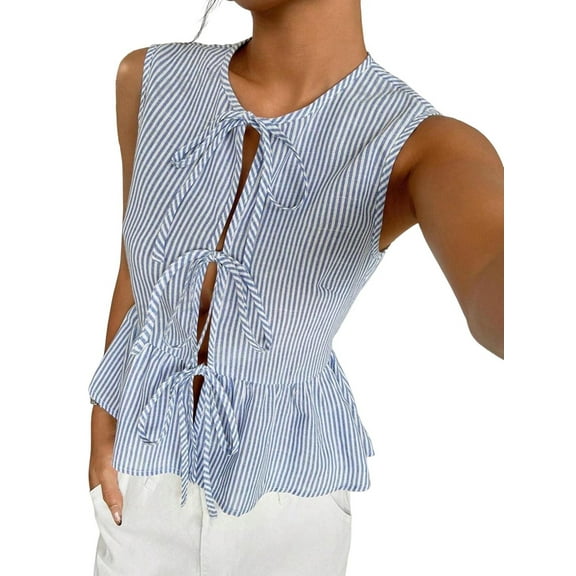 Women'S Striped Print Tie Front Knot Crew Neck Sleeveless Tank Blouses Ruffle Peplum Tops Blue XL