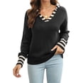 thumbnail image 1 of Women'S Striped Sailor Collar Cuffs V-Neck Regular Fit Knit Sweater Black S, 1 of 5