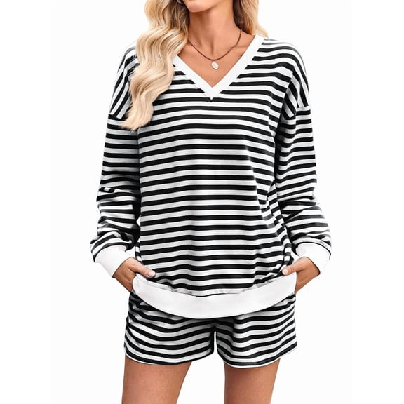 Women'S Striped Sets 2 Piece Outfits Long Sleeve Sweatshirt and Shorts Set Black & White L