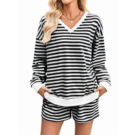 Women'S Striped Sets 2 Piece Outfits Long Sleeve Sweatshirt and Shorts Set Black & White L