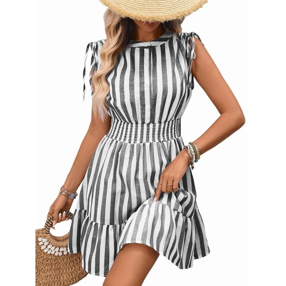 Women'S Striped Sleeveless Tank Dress Button Front Ruffle Hem A Line Dresses Dark Gray S