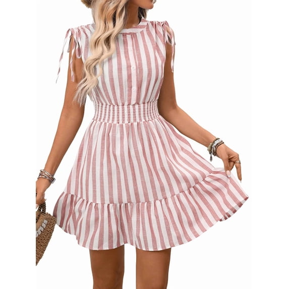 Women'S Striped Sleeveless Tank Dress Button Front Ruffle Hem A Line Dresses Pink L
