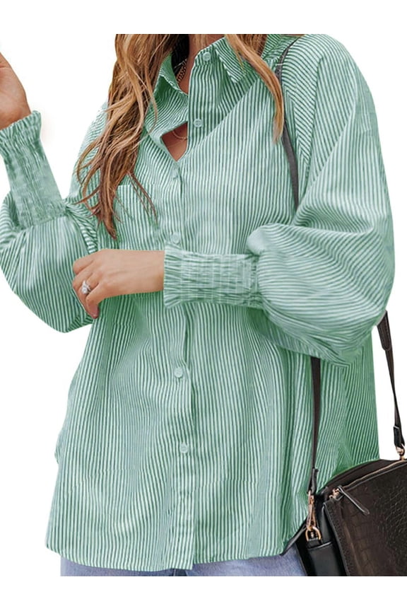 Women'S Striped Smocked Cuffed Boyfriend Blouse Ruffle Sleeve Casual Tunic Tops with Pockets Green L