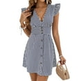 thumbnail image 1 of Women'S Striped Summer Dresses V Neck Casual Mini Dress Flutter Sleeve Ruffle Button Sundresses Dark Blue S, 1 of 8