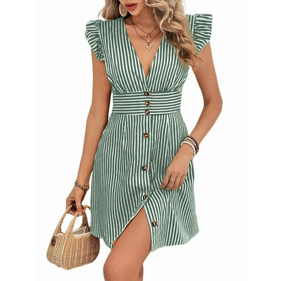 Women'S Striped Summer Dresses V Neck Casual Mini Dress Flutter Sleeve Ruffle Button Sundresses Green M