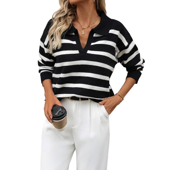 Women'S Striped Sweater Trendy V Neck Long Sleeve Knit Pullover Loose Jumper Tops Knitwear Black M