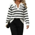 thumbnail image 1 of Women'S Striped Sweater Trendy V Neck Long Sleeve Knit Pullover Loose Jumper Tops Knitwear White S, 1 of 7