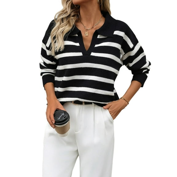 Women'S Striped Sweater Trendy V Neck Long Sleeve Knit Pullover Loose Jumper Tops Knitwear