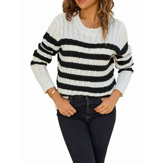 Women'S Striped Sweaters Casual Crew Neck Long Sleeve Pullover Oversized Cable Knit Loose Jumper Tops