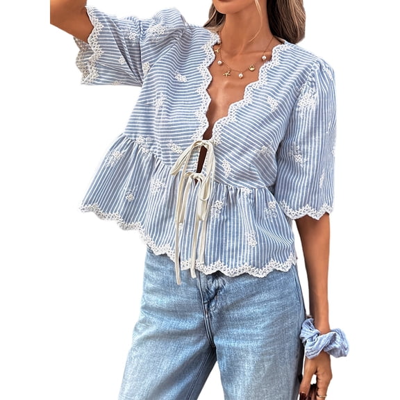 Women'S Striped V-Neck Front Self-Tie Embroidery Puff Short Sleeve Loose Peplum Casual Blouse Blue XL