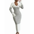 thumbnail image 1 of Women'S Striped V Neck Sweater Dress Long Sleeve Bodycon Midi Dresses Apricot L, 1 of 7