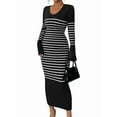 thumbnail image 1 of Women'S Striped V Neck Sweater Dress Long Sleeve Bodycon Midi Dresses Black S, 1 of 7