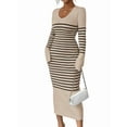 thumbnail image 1 of Women'S Striped V Neck Sweater Dress Long Sleeve Bodycon Midi Dresses Khaki M, 1 of 5