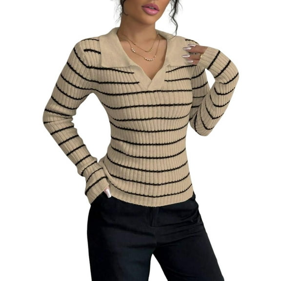 Women'S Striped V Neck Sweaters Ribbed Knit Long Sleeve Collared Pullover Tops Knitwear Khaki M