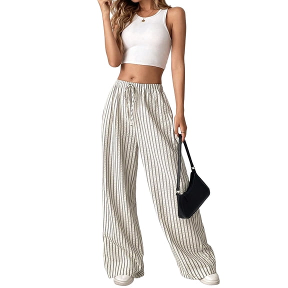 Women'S Striped Wide Leg Lounge Pants Knot Front High Waisted Baggy Pants Trousers Streetwear Beige & Brown L